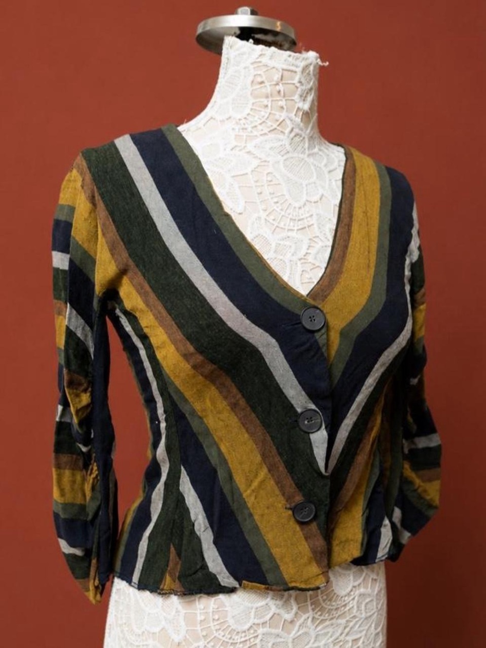 Zara Striped V-Neck Button Front Blouse in Mustard, Navy, Olive & Brown